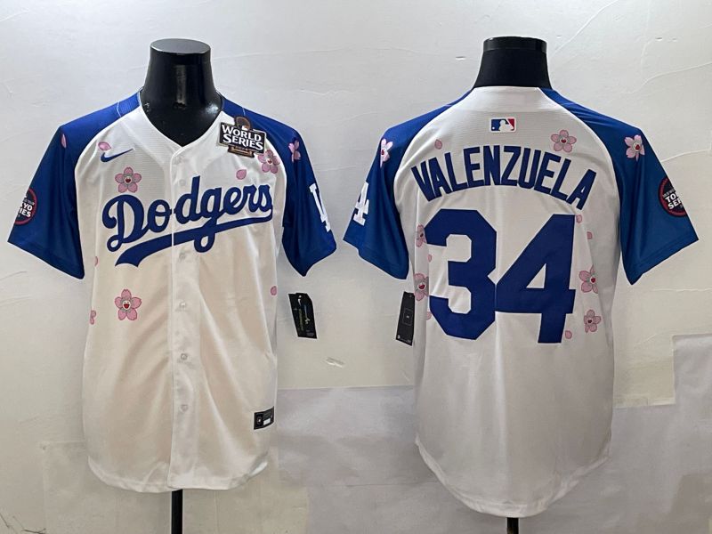 Men Los Angeles Dodgers #34 Valenzuela White Blue Sakura Edition 2025 Nike MLB Jersey style 6